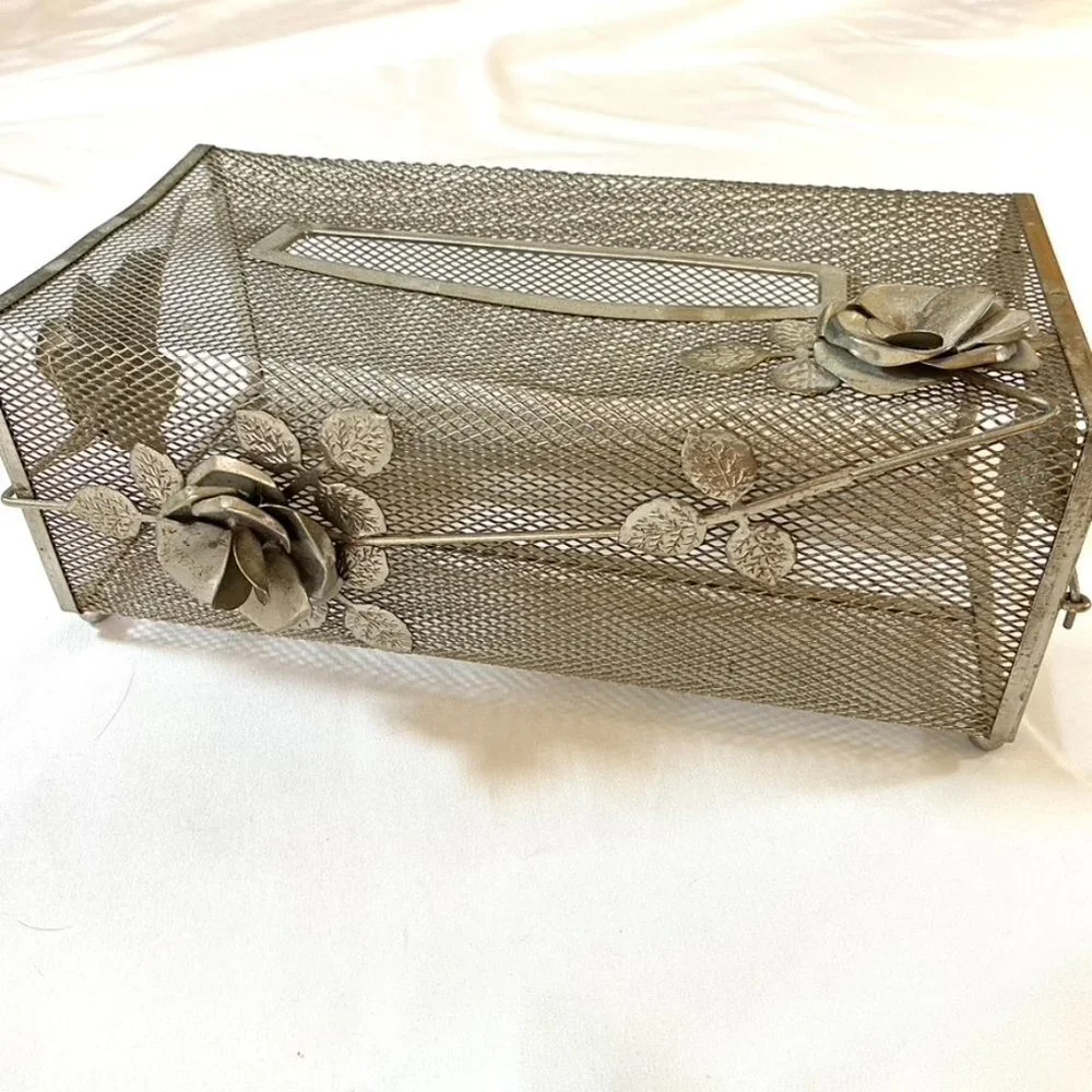 Vintage 50s 60s metal mesh tissue box with roses Mid Century Modern